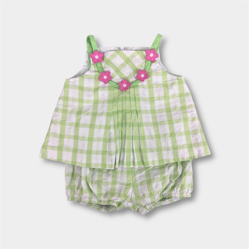 Florence Eiseman Green Plaid Applique Flower Tank Set 6 Months